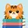 Tibby app icon: a ginger tabby on a stack of books