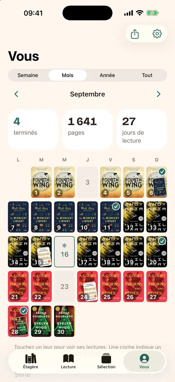 L’onglet Vous de Tibby : septembre en couvertures, avec 4 livres terminés, 1 641 pages et 27 jours de lecture.