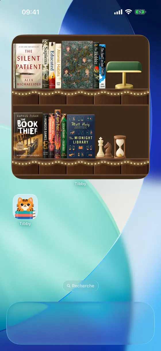 Un écran d’accueil d’iPhone avec le grand widget de Tibby : une bibliothèque de deux étagères.